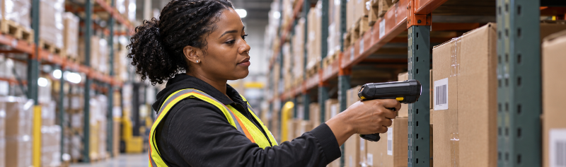 Warehouse worker scanning a boxed shelf with a handheld barcode scanner in a racked aisle
